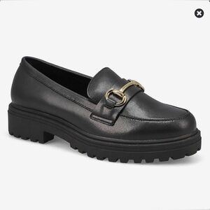 Maddison by Soft Moc Faux Leather Black Loafers with Gold Horsebit